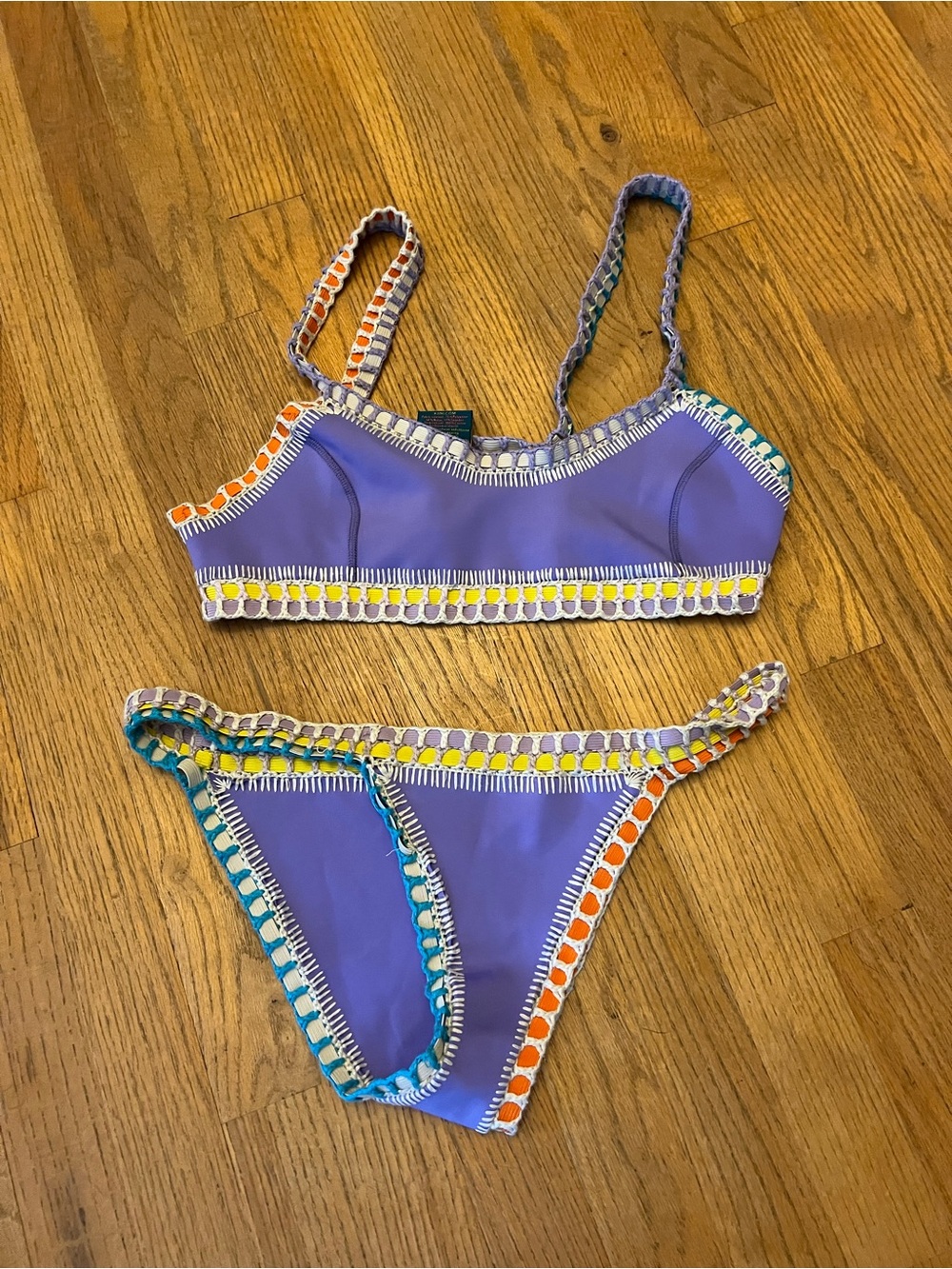 KIINI Lavender Bikini Top with Yellow & Teal Crochet Trim
